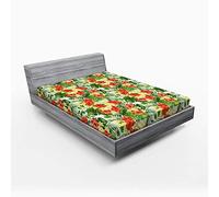 ABAKUHAUS Tropical Drap-Housse, Motif Fleurs Exotiques, Pochette Élastique Tout Confort pour Literie en Tissu Décoratif, 120 x 190 cm, Rouge Jaune Vert pâle