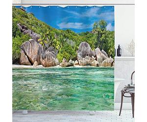 ABAKUHAUS Tropical Rideau de Douche, Paysage de Tree Island, Tissu Ensemble de Décor de Salle de Bain avec Crochets, 175 cm x 220 cm, Bleu et Vert de fougère
