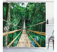 ABAKUHAUS Tropical Rideau de Douche, Rivière Bamboo Forest, Tissu Ensemble de Décor de Salle de Bain avec Crochets, 175 cm x 180 cm, Vert Beige