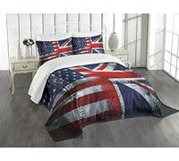 ABAKUHAUS Union Jack Couvre-lit Matelassé, Alliance au Royaume-Uni et Etats-Unis, Décoratif 3 Pièces avec 2 Taies d'Oreillers, Twin, Blanc Bleu