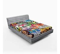 ABAKUHAUS Urban Graffiti Drap-Housse, Blockbuster Mots-clés, Tissu décoratif Doux Linge de lit Rond élastique élastique, 160 x 200 cm, Vert Orange