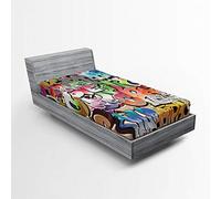 ABAKUHAUS Urban Graffiti Drap-Housse, Blockbuster Mots-clés, Tissu décoratif Doux Linge de lit Rond élastique élastique, 90 x 200 cm, Vert Orange