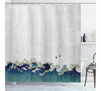 ABAKUHAUS Vague Japonaise Rideau de Douche, tourbillons Aquatiques, Tissu Ensemble de Décor de Salle de Bain avec Crochets, 175 cm x 180 cm, Crème Gris Bleu