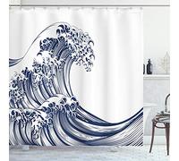ABAKUHAUS Vague Japonaise Rideau de Douche, Vintage Oriental, Tissu Ensemble de Décor de Salle de Bain avec Crochets, 175 x 200 cm, Bleu Marine Blanc