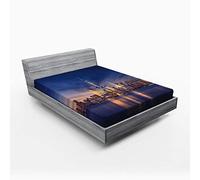 ABAKUHAUS Ville Drap-Housse, Skyline de New York Evening, Tissu décoratif Doux Linge de lit Autour élastique élastique, 160 x 200 cm, Pêche Bleu Marine