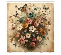 ABAKUHAUS Vintage Rideau de Douche, Papillon Dansant avec Mélange Floral Printanier Et Feuillages, Material Resistente al Agua Durable Estampa Digital, 175 cm x 200 cm, Brun Sable Multicolore