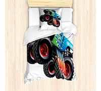 ABAKUHAUS Voitures Housse de Couette Ensemble pour Lits Simples, Monster Truck Cool Cartoon, Anti-acariens Allergique adapté avec taie d'oreiller, Aqua Vert Noir
