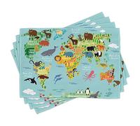 ABAKUHAUS Wanderlust Sets de Table, Dessin animé pour Enfants Animaux du Monde Faune Exotique avec océan et Flore, Décoration de Table en Tissu Lavable Impression numérique, Bleu océan