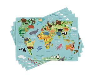 ABAKUHAUS Wanderlust Sets de Table, Dessin animé pour Enfants Animaux du Monde Faune Exotique avec océan et Flore, Décoration de Table en Tissu Lavable Impression numérique, Bleu océan