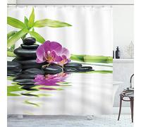 ABAKUHAUS Zen Motif Rideau de Douche, Purple Orchid bambous, Ensemble de décoration de Salle de Bain en Tissu avec Crochets, 175 x 200 cm, Noir Violet