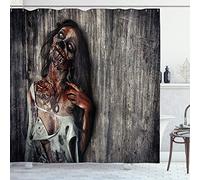 ABAKUHAUS Zombi Rideau de Douche, Angry Femme Morte, Tissu Ensemble de Décor de Salle de Bain avec Crochets, 175 x 200 cm, Taupe Foncé Pêche Rouge