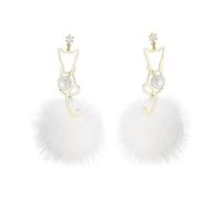 Abaodam Boucles D’Oreilles Pendantes Chat Pompon Blanc, Aiguille en Argenté S925, Boucles D’Oreilles pour Femmes et Filles, Bijoux D’Automne ’Hiver, 1 Paire