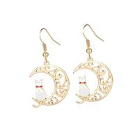 Abaodam Boucles D'oreilles Pendantes Femme de Lune Ajourée Pendentif Chat Blanc, Bijoux Fantaisie Légers, Accessoire Mode Élégant pour Usage Quotidien