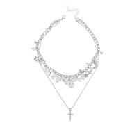 Abaodam Collier Ras du Cou Double Rang à Pendentif Croix et Perles d'Imitation Blanches Bijoux Fantaisie pour Femme Collier Superposé Élégant pour Mariages Fêtes et Usage Quotidien