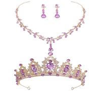 Abaodam Ensemble Bijoux de Mariage pour Mariée Diadème Couronne Doré Violet Collier et Boucles D’Oreilles Pendantes Accessoires Élégants pour Cérémonie Anniversaire et Séance Photo