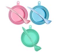 Abaodam Ensemble de 6 Couvercles en Silicone Alimentaire pour Boîtes de Nourriture pour Animaux 6 Cuillères Assorties Couvercles Souples Verts Bleus et Roses Réutilisables et