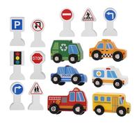 Abaodam Ensemble de Jeu de Voitures en Bois pour Garçon et Filles 1 Camion de Chantier et 9 Panneaux de Signalisation Éducatifs en Bois, Éducatif pour Développer la Motricité