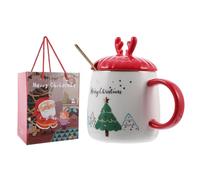 Abaodam Ensemble de Tasses en Céramique de Noël avec Couvercle à Motif de Corne de Cerf et Cuillère, Boîte Cadeau Festive Élégante et Pratique pour Fête de Noël