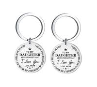 Abaodam Lot de 2 Porte-Clés Créatifs «À Ma Fille» en Acier Inoxydable Pendentifs Ronds Argentés Ornements Solide Anneau Présent Anniversaire Décoration Paquet à Main ou Porte-Clés