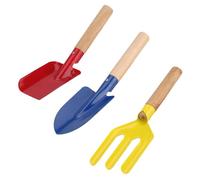 Abaodam Lot de 3 Outils de Jardin à Main Manche en Bois - Truelle à Désherber Rouge, Pelle à Transplanter Bleue, Fourchette 3 Dents Métallique - Ensemble Compact pour Jardinage,