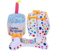 Abaodam Lot de 3 Peluches pour Chat D’intérieur - Jouets à Mâcher Résistants aux Morsures, Thème Gâteau D’Anniversaire, Peluches Douces et Amusantes pour Chatons Boîte Présent et Os Brodé