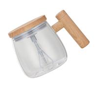 Abaodam Mug à Café Électrique Auto-mélangeur en Verre Borosilicate 400ml avec Couvercle en Bois, Agitateur Automatique pour Chocolat en Poudre et Jus