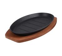 Abaodam Plaque à Steak en Fonte avec Surface Lisse et Finition Soignée, Plateau en Bois Élégant, pour Griller Poissons et Frites, Usage Professionnel et Domestique