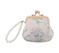 Abaodam Porte-Monnaie en Brocart à Fermoir Fleur Bleu Pissenlit, Petite Pochette Chinoise Brodée, Paquet à Main de Banquet avec Dragonne Perles, Portefeuille Vintage pour Soirée et Voyage