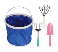 Abaodam Râteau à Cinq Dents en Acier Inoxydable avec Manche en Bois, Outil de Creusage Portable pour Fruits de Mer et Jardinage, Râteau à Palourdes pour Plage, Kit 4 Pièces avec Seau