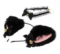 Abaodam Serrage-tête Oreilles de Chat Noir Nœud Rose et Dentelle, Collier en Dentelle Noir Orné de Clochettes Dorées, Accessoires Cosplay pour Soirées et Déguisements, Bandeau pour Fille,