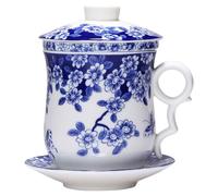 Abaodam Set de 4 Pièces Tasse à Thé en Céramique Bleue avec Infuseur et Sous-tasse, Isolation Thermique, Design Chinois Classique, Dégustation de Thé