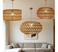 Abat-jour de suspension en rotin tressé à la main de forme tambour brillant moderne, accessoire de décoration de plafond vintage, sans alimentation électrique ni batterie requise, convient pour d'autr