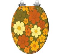 Abattant de toilette allongé à fermeture silencieuse et à dégagement rapide | Caractéristiques : motif floral rétro années 70, construction en résine sans joint, pare-chocs de protection, installation