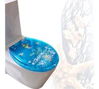 Abattant de toilette allongé avec fermeture amortie et silencieuse, design ergonomique, adapté aux toilettes allongées ou ovales, en résine, motif étoiles de mer jaunes et dauphin bleu, effet 3D.