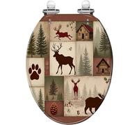Abattant de toilette allongé en résine générique pour salle de bain | Décoration rustique sur le thème de la faune forestière avec des motifs d'élans, de cerfs et d'ours, housse intégrée, facile