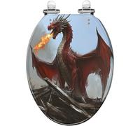 Abattant de toilette allongé générique avec charnières à dégagement rapide, | Thème : mythologie médiévale fantastique, guerre humaine, ailes de flammes, résine bois, fermeture silencieuse, nettoyage