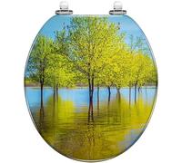 Abattant de toilette rond en résine avec couvercle, fermeture ralentie, | Impression d'un reflet d'eau bordé d'arbres sur le fleuve Laurent au Québec, charnières à fermeture silencieuse, facile à