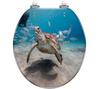Abattant de Toilette Rond en résine, Motif Tortue Marine Verte, Corail d'eau Peu Profonde, inspiré de la mer des Caraïbes. Charnières à Fermeture silencieuse et à dégagement Rapide. Abattant décorat
