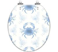 Abattant de toilette rond en résine pour salle de bain | Motif côtier crabe bleu, finition sans joint, fermeture silencieuse, charnières à dégagement rapide, avec couvercle, facile à