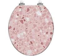 Abattant de toilette rond en résine pour salle de bain | Motif terrazzo rose sans joint, texture mosaïque, revêtement décoratif, charnières à dégagement rapide, installation facile