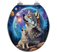 Abattant de toilette rond générique à fermeture ralentie pour salle de bain | Décoration rustique avec chiot loup, ciel nocturne étoilé, arbres, lune et terre, charnières en acier inoxydable,
