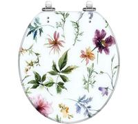 Abattant de toilette rond générique en résine pour salle de bain | Motif de fleurs et de feuilles à l'aquarelle, finition blanche sans joint, facile à nettoyer, facile à installer, fermeture