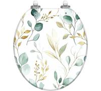 Abattant de toilette rond sans joint à fermeture lente et silencieuse | Motif floral aquarelle vert et or, matériau en résine, charnières à dégagement rapide, butoirs de protection, facile à