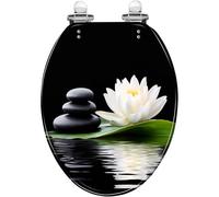 Abattant de Toilettes allongé avec charnières à Fermeture silencieuse Motif Lotus Blanc Zen Installation Facile revêtement décoratif en résine pour Salle de Spa ou de Yoga démontage rapi