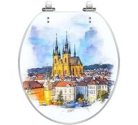 Abattant de toilettes en résine imprimé Château de Prague, fermeture | Motif aquarelle du château de Prague et du Malouin, charnières à dégagement rapide, installation facile, housse incluse