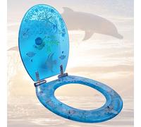 Abattant de WC en résine avec étoiles de mer bleues et jaunes - Fermeture lente et silencieuse - Très résistant - Avec charnières décoratives transparentes - Effet 3D