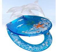 Abattant de WC en résine avec fermeture amortie et pare-chocs antidérapants - Effet 3D transparent - Ne se desserre jamais - Pour salle de bain familiale ou locaux commerciaux - Dauphin bleu