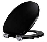 Abattant WC en bois à fermeture douce pour toilettes rondes en forme de O avec construction en bois massif de 18 mm d'épaisseur et charnières en alliage de zinc de couleur noire pour une utilisation