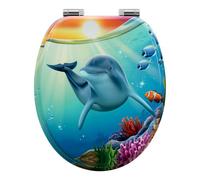 Abattant WC WOLTU en bois avec fermeture en douceur, lunette WC forme O avec charnières, fonction de déclipsage rapide pour un nettoyage facile, motif dauphin bleu