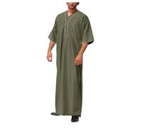 Abaya Caftan à manches longues en lin pour homme - Robe musulmane pour homme - Robe boutonnée avec poches - Tuniques Abaya - Kandoura - Courte - Été - Islam - Imprimé musulman - Robe multicolore arabe